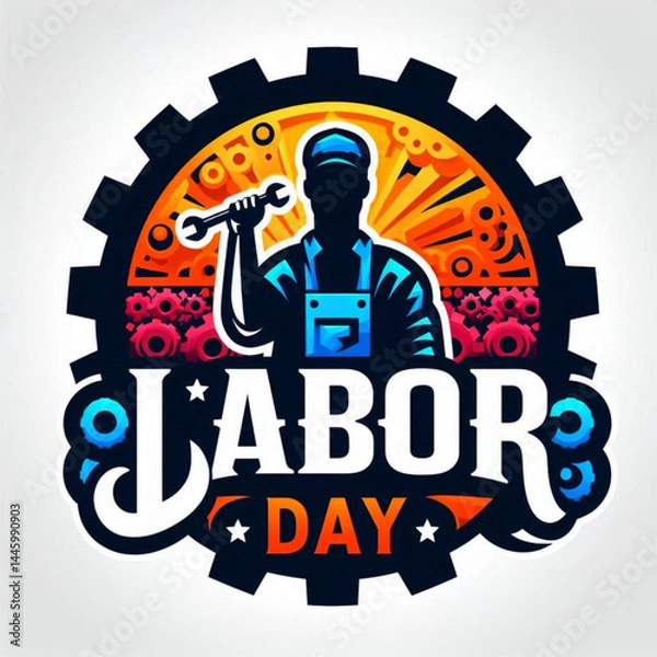 Fototapeta Happy Labor Day vector illustration, silhouette worker hands holding. International labour workers day celebration,  hand tools with worker hand.