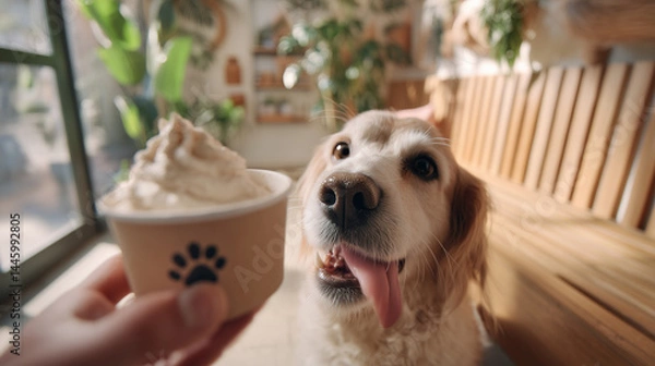 Fototapeta Pup cup or puppuccino. Golden Retriever Excitedly Awaits and eats whipped cream Treat in a Cozy, Sunlit Cafe Setting. Image made using Generative AI.