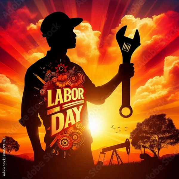 Fototapeta Happy Labor Day vector illustration, silhouette worker hands holding. International labour workers day celebration,  hand tools with worker hand.