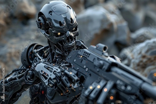 Fototapeta Cybernetic Combat, Futuristic Robot Soldier in Action