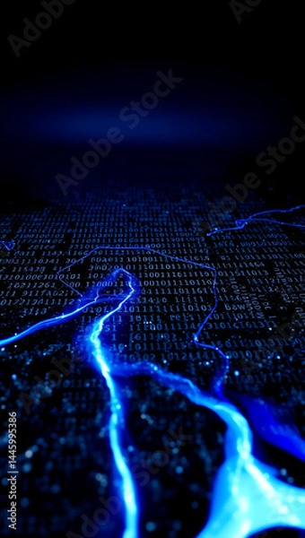 Fototapeta Abstract Futuristic Technology Background: Blue Neon Electric Network with Digital Data Flow