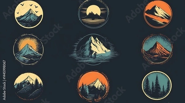 Fototapeta Vintage mountain scenery badge collection featuring forest silhouettes sunset river peaks outdoor adventure theme image