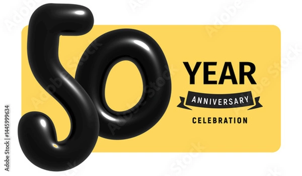 Fototapeta 50 Year Anniversary Celebration Banner With Glossy Black Balloon Numbers And Yellow Background. Perfect For Milestone Events And Parties. Vector Illustration