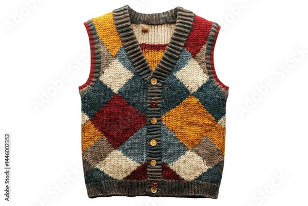 Fototapeta Hand knitted Argyle Vest Warm Autumn Hues Colorful Patchwork Design Button Closure