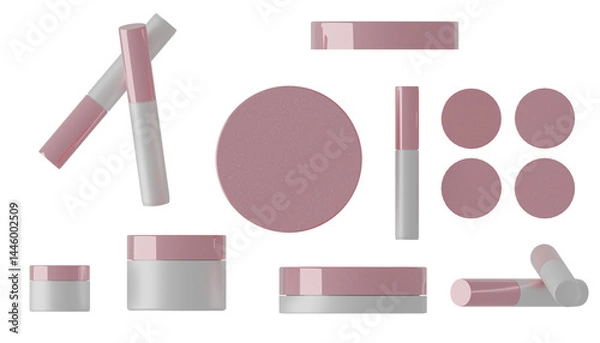 Fototapeta Minimal pink cosmetic set flat lay on white background with modern skincare packaging