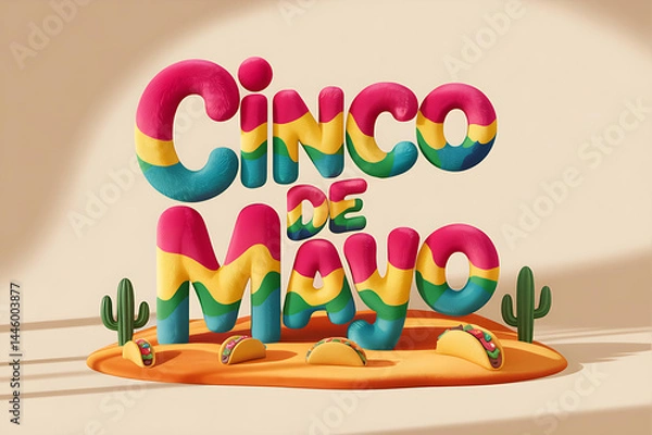 Obraz Playful 3D 'Cinco de Mayo' type made of soft fur with vibrant Mexican-inspired color gradients, placed in a toy-like diorama with tiny cacti and tacos. 3D text of Cinco de Mayo made of colorful fur