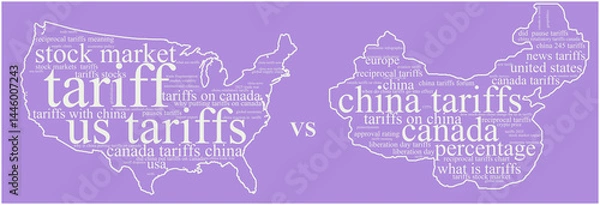 Fototapeta Belo Horizonte, Brazil - April 23th 2025. Purple and white word cloud with outlines of USA and China maps filled with relevant keywords from the recent tariff dispute between the two countries