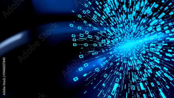 Fototapeta Digital Technology Abstract: Data Stream with Blue Particles Glow Lines in Network Visualization - Modern Design Innovation in Cyberspace Connection for Internet Background.