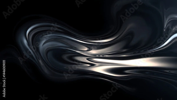 Fototapeta Black Fluid Swirl: Shiny Abstract Background Texture with Dynamic Motion and Light Contrast