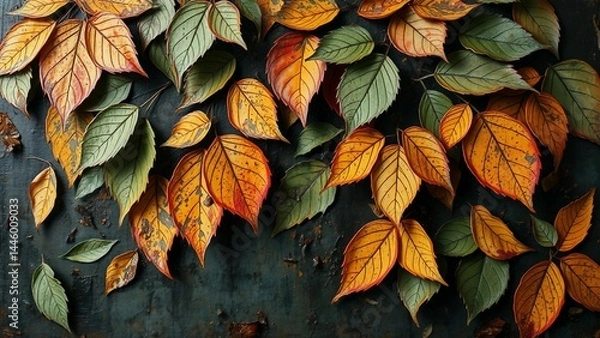 Fototapeta Detaillierte Herbstblätter in warmen Farben auf rustikalem, dunklem Untergrund – ideal für Scrapbooking, Basteln und herbstliche Dekoration.