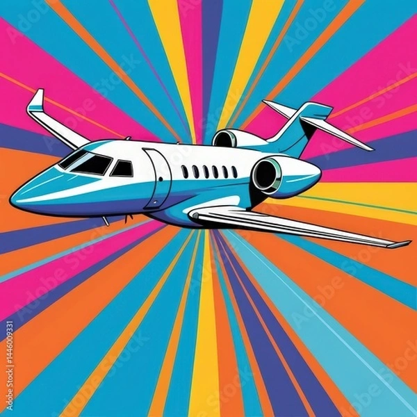 Fototapeta Colorful departure of a sleek jet soaring through dynamic rays of vibrant hues
