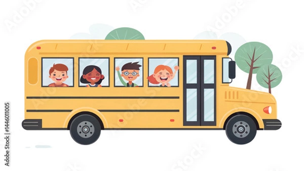 Fototapeta Cheerful yellow school bus with happy children looking out of windows, surrounded by trees and bright sky, symbolizing education and fun journeys