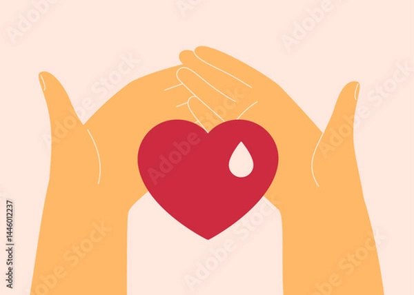 Obraz charity concept with human hands and big red heart with white blood drop. transfusion and donation blood and organ. vector illustration