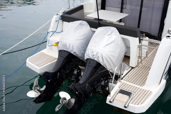 Fototapeta Twin outboard motors covered with protective fabric on a luxury yacht docked at a marina, showcasing modern boating technology and maintenance practices in a serene environment