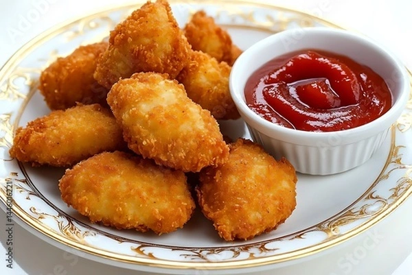 Fototapeta Golden Crispy Chicken Nuggets with Ketchup on Ornate Plate, Gourmet Indulgence