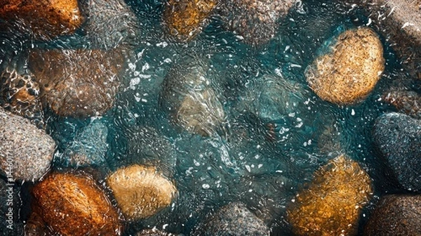 Fototapeta Close-up view of textured rocks submerged in turquoise water.