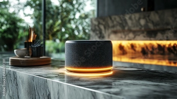 Fototapeta Smart speaker with illuminated base on marble surface in modern interior.
