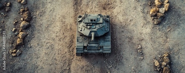 Fototapeta An overhead view showing a military tank on a terrain path