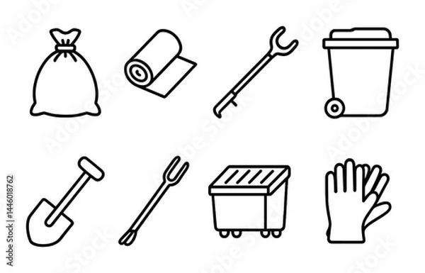 Obraz Urban recycling and waste management icon set – outline style eco-friendly, sustainability, and cleanup symbols: trash bag, recycling bin, litter picker, gloves, shovel, garbage can, dumpster.