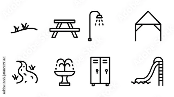 Obraz Recreational area linear icon set – outline style for park design, leisure planning, and outdoor activities: grass, picnic table, shower, gazebo, path, fountain, lockers, slide.