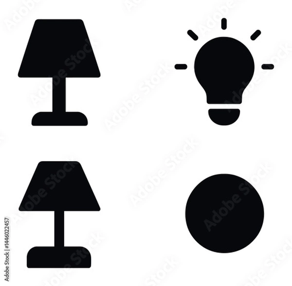 Obraz Home decoration silhouette icon set – flat style interior design, lighting, and furniture illustrations: lamp, light bulb, chair, vase, sofa, carpet