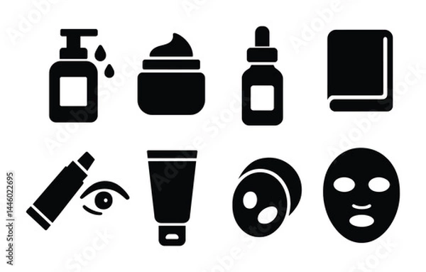 Obraz Skincare routine solid icons set — filled style beauty, cosmetics, and wellness symbols for personal care: lotion, cream, serum, towel, eye cream, tube, mask