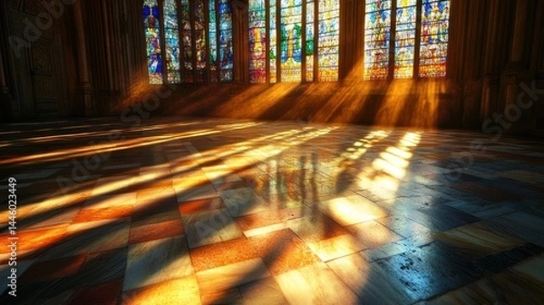 Fototapeta Sunlight streams through stained glass windows, illuminating a cathedral floor.  Detailed shadows dance across the polished tile