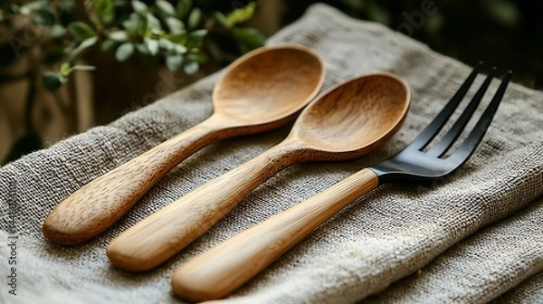 Obraz Wooden and metal utensils elegantly arranged on a textured cloth with greenery in the background