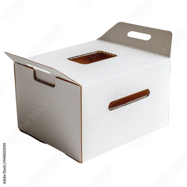 Fototapeta Minimalist White Cardboard Box with Handle – Simple and Clean Packaging Design for Branding and Product Display Isolated on White Background

