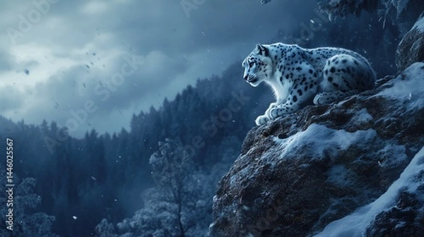 Fototapeta Majestic snow leopard perched on a winter mountain peak.