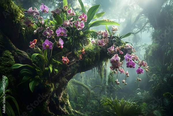 Fototapeta Lush orchids cascading down a moss-covered jungle tree trunk.