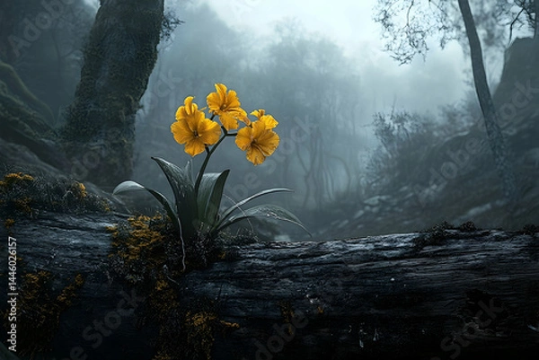 Fototapeta Misty forest scene featuring vibrant yellow blossoms on a fallen log.