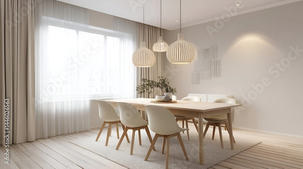 Fototapeta A modern dining room with a neutral-colored table, minimalistic chairs, and soft pendant lighting. The light wood flooring and subtle wall decor complement the rooms simplicity.