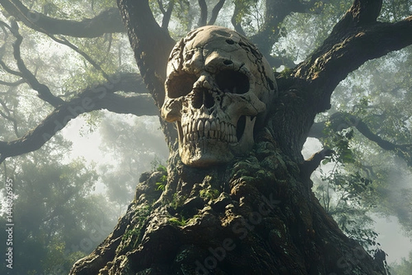 Fototapeta Massive skull embedded in a mystical forest tree.