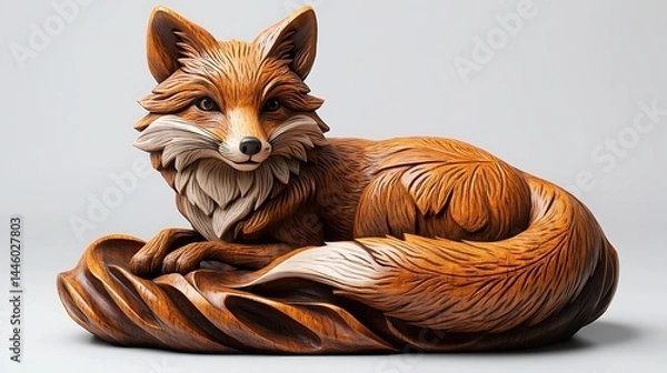 Obraz Wooden fox statue with forest backdrop high resolution image