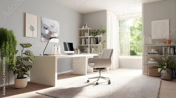 Fototapeta A modern home office with light grey walls, a white desk, and a comfortable ergonomic chair. A neutral-colored rug sits under the desk, and a sleek lamp adds a soft glow.