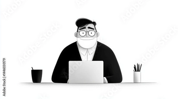 Fototapeta Illustrative Line Art of a Character Working on a Laptop at a Desk with Coffee and Pencil Holder