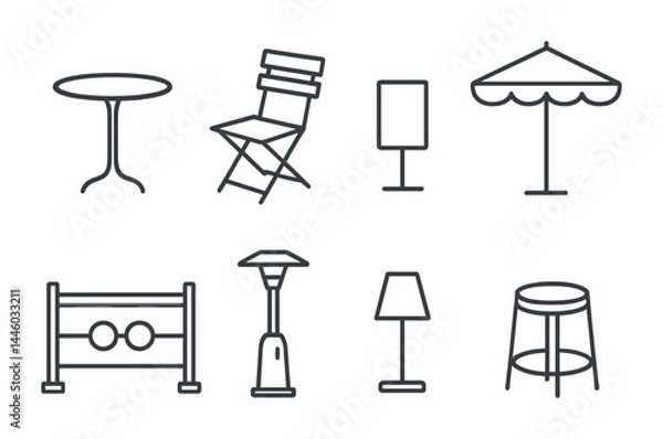 Fototapeta Outdoor furniture line icons set – minimalist patio, garden, and terrace symbols for design projects: table, chair, signboard, umbrella, barrier, patio heater, lamp, stool.