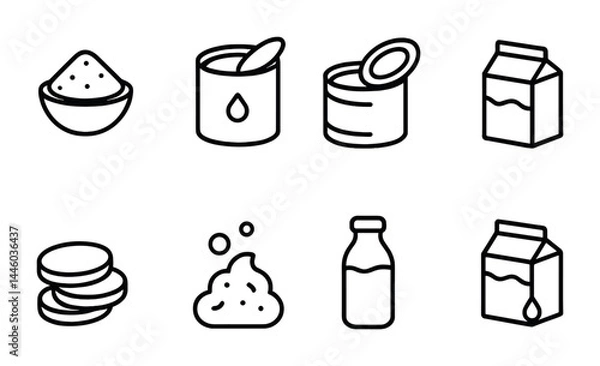 Fototapeta Food and beverage outline icons set – linear style for culinary, nutrition, and grocery design: sugar bowl, oil bottle, canned food, milk carton, cookies, powder, drink bottle.