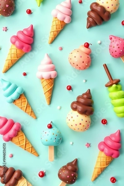 Fototapeta Colorful cartoon ice cream set on a seamless pattern background, pattern, Ice cream, cartoon
