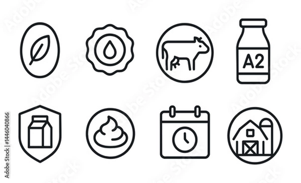 Fototapeta Dairy farm icons – outline style agriculture and food symbols for sustainable milk production: leaf, milk drop, cow, a2 bottle, milk shield, cream, calendar, barn.