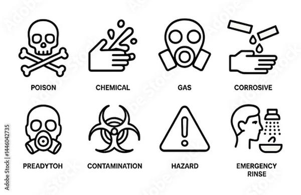 Obraz Hazard and safety outline icon set - linear style warning, chemical, and protection signs: poison, chemical, gas, corrosive, contamination, hazard, emergency rinse