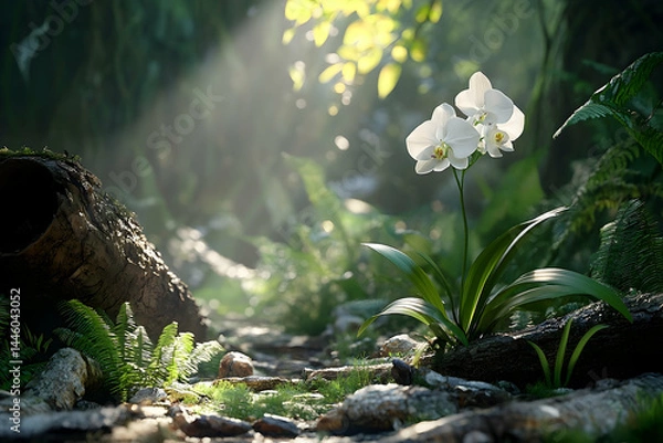 Fototapeta Lush, sunlit forest path with delicate white orchids.