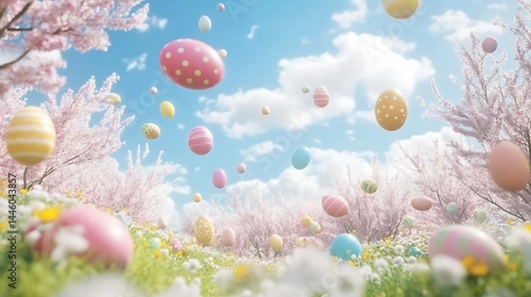 Fototapeta Easter eggs floating in spring garden