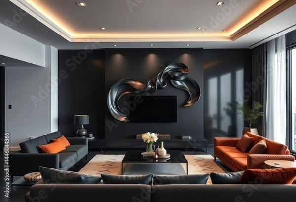 Fototapeta Sleek black wall sculpture accents a modern, dark living room in a luxury apartment,  aesthetic,  living room