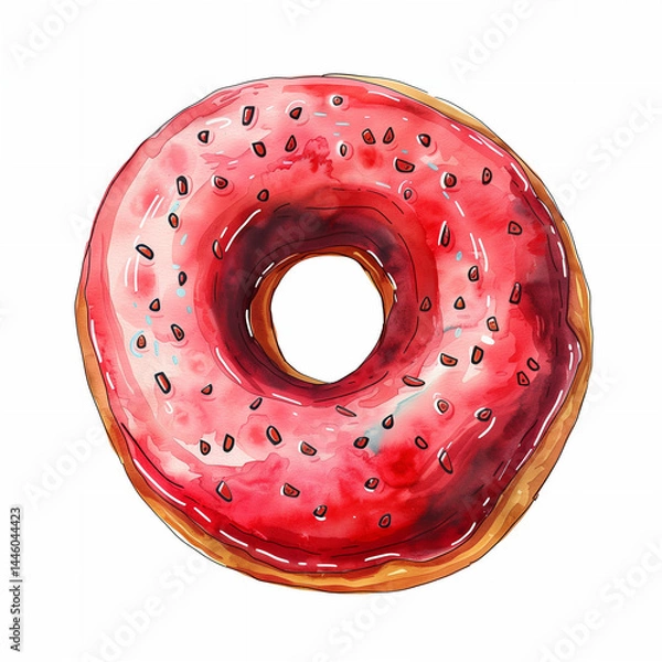 Obraz Sweet donut in watercolor glaze. Dessert. Hand drawn watercolor food illustrations. Sweet pie. Perfect for delicacy marketing, dessert menu, pastries. Illustration for culinary website, menu, books.