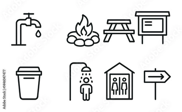 Fototapeta Public park safety and facilities icon set - line style outdoor recreation symbols for navigation and facility management: water tap, campfire, picnic table, information board, trash bin, shower,