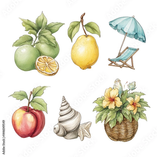 Fototapeta Watercolor summer beach fruits and decorative elements are isolated objects