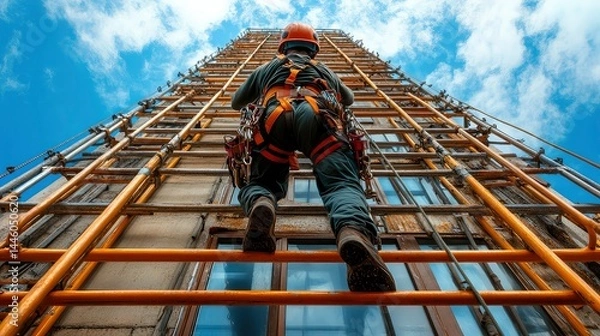 Obraz Worker climbing tall building scaffold.