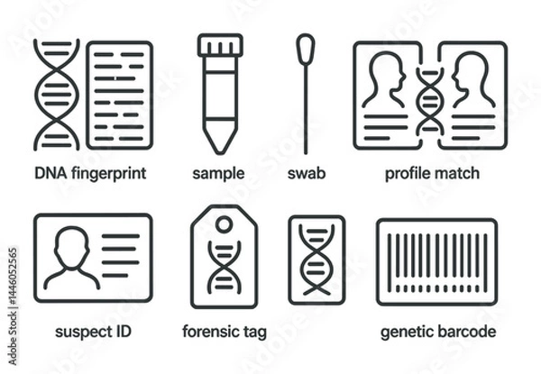 Fototapeta Forensic science outline icons – linear style crime investigation, dna analysis, and evidence symbols: dna fingerprint, sample, swab, profile match, suspect id, forensic tag.